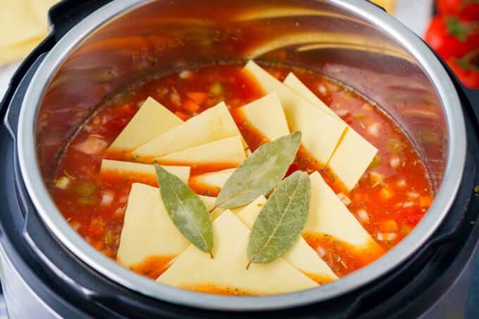 Homemade Instant Pot lasagna soup before pressure cooking.