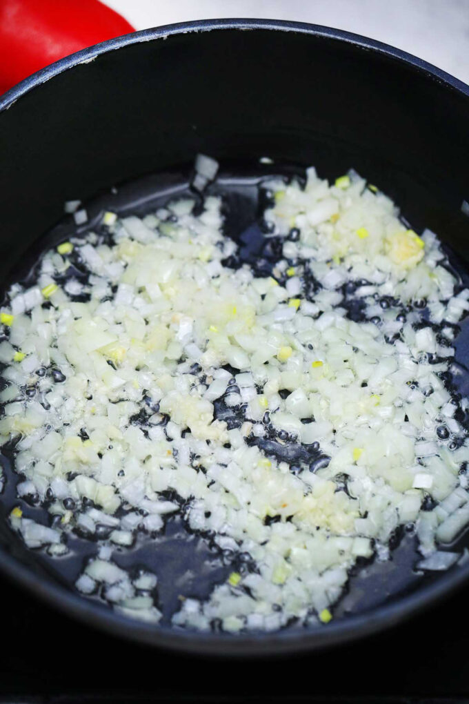 Searing onion in a cast iron skillet.