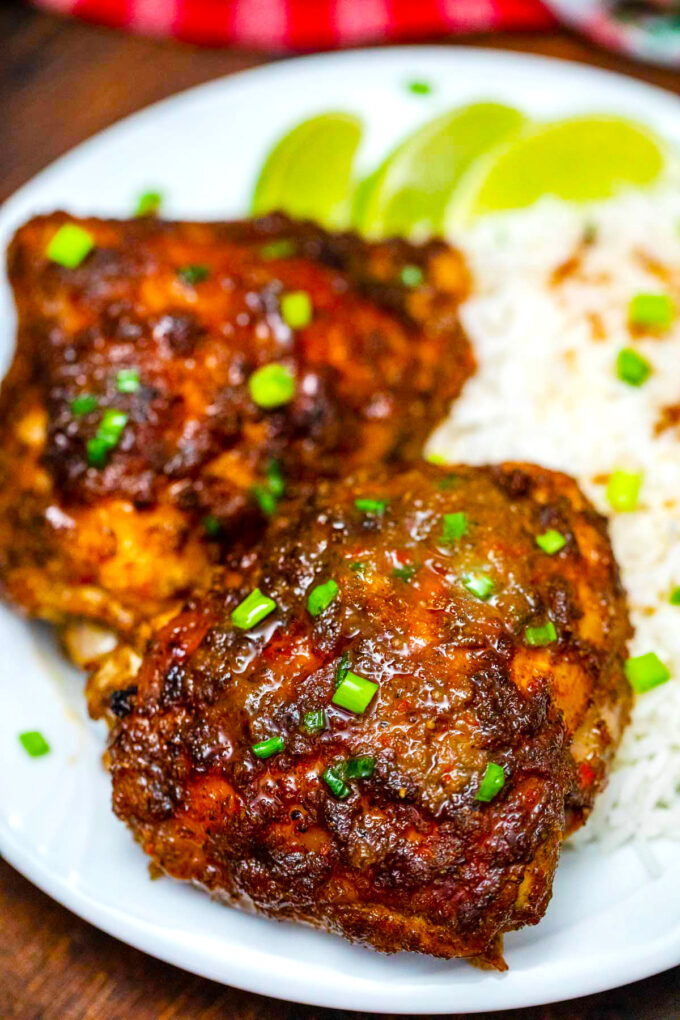 Oven-baked jerk chicken thighs and drumsticks.