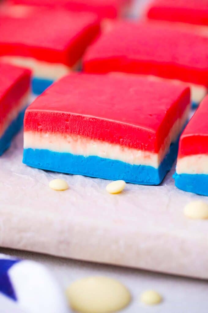 patriotic fudge squares on a cutting board