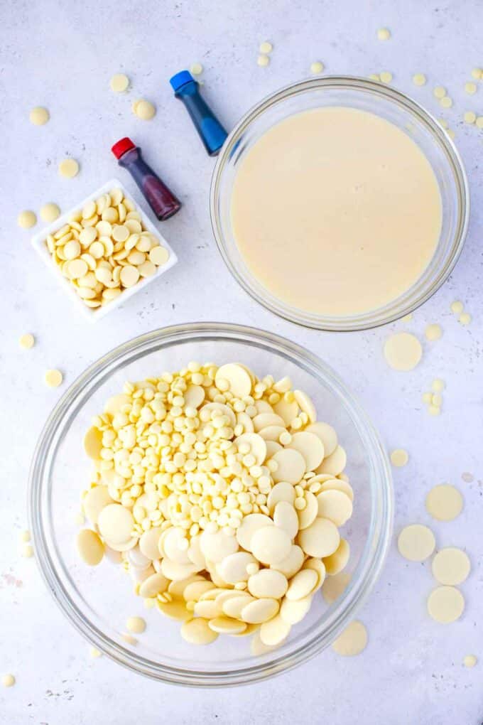 fudge ingredients in bowls on a table