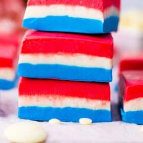 patriotic fudge cut into squares and stacked