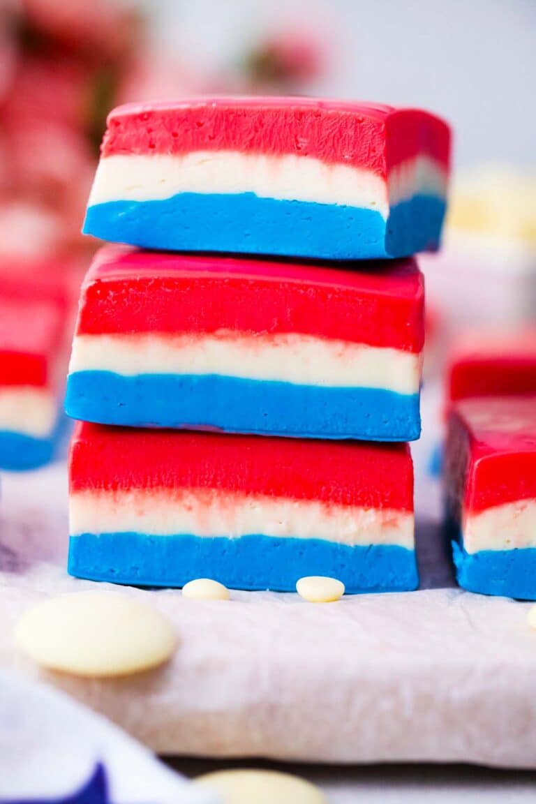 patriotic fudge cut into squares and stacked