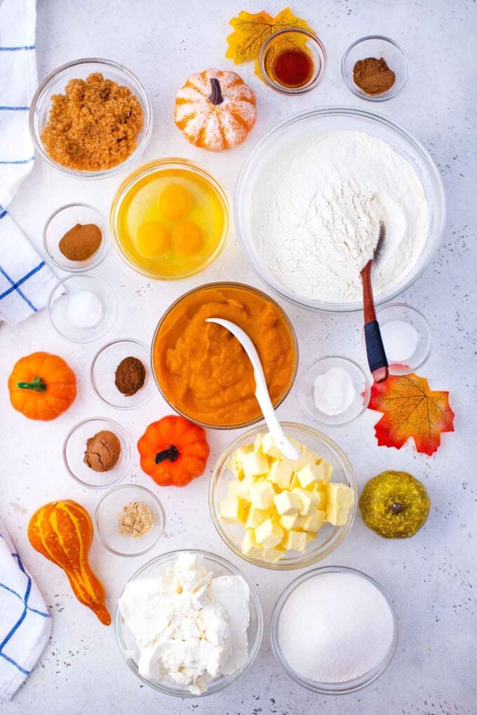 pumpkin bread with cream cheese filling ingredients in bowls on a table