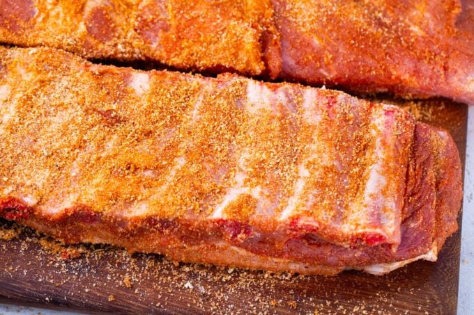 Ribs seasoned with homemade rub.