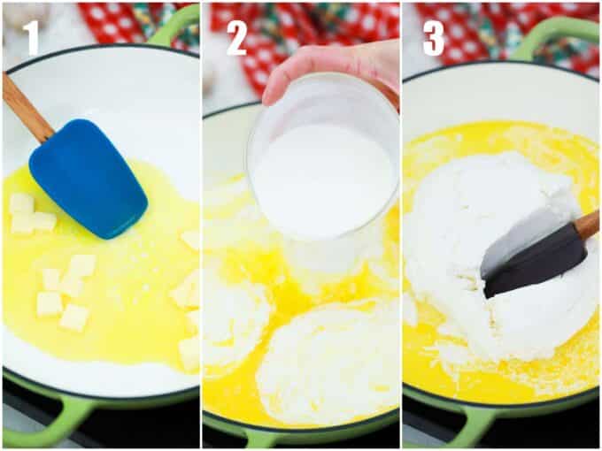 melting butter, cream cheese, and cream in a pan to make Alfredo sauce