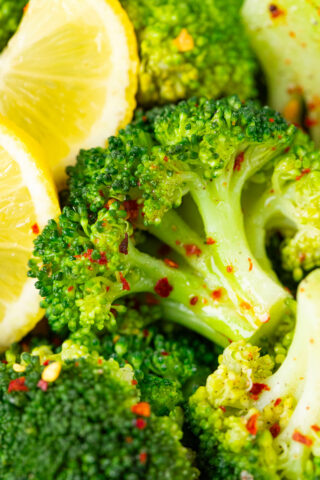 Steamed broccoli with red pepper flakes.