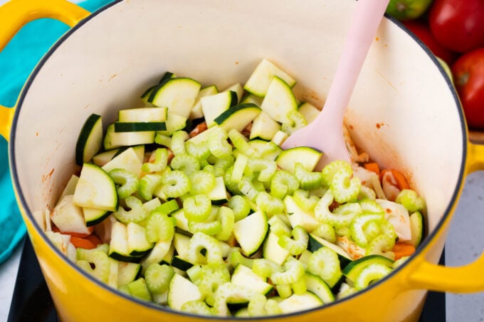 A pot with veggies for cabbage soup.