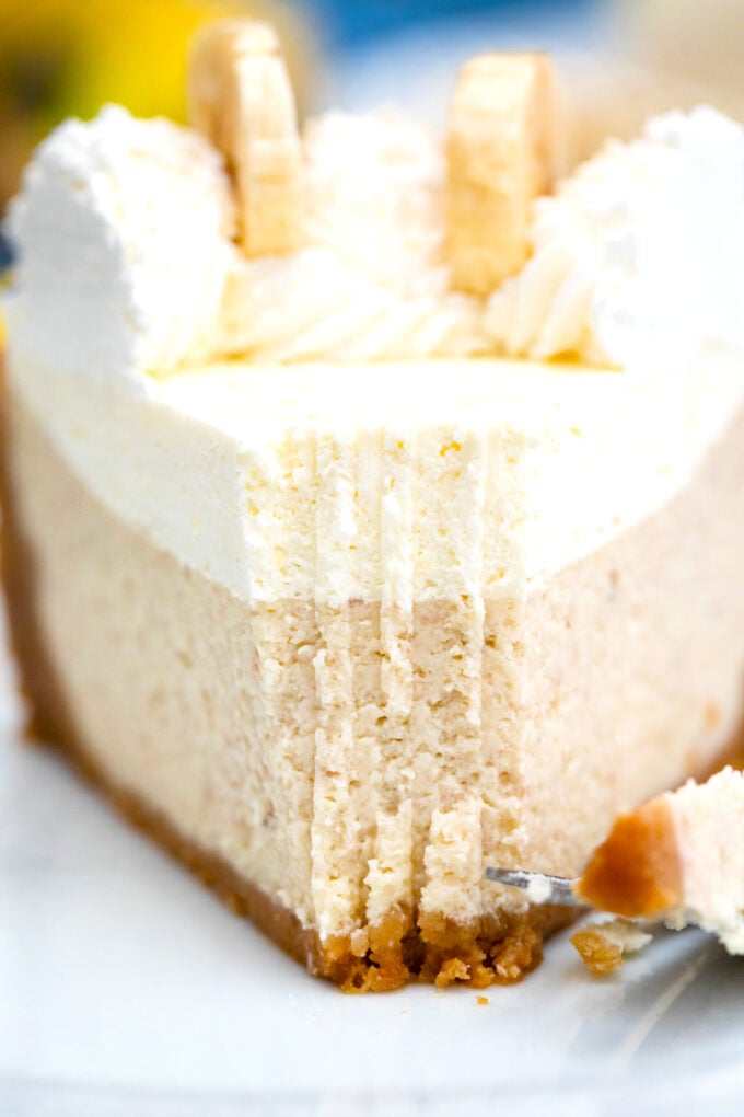 Creamy and rich Cheesecake Factory banana cream cheesecake with Bavarian cream, and fresh bananas.