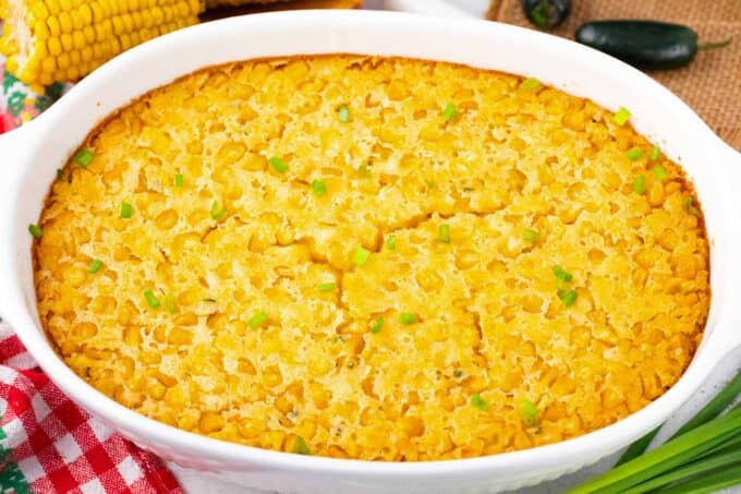Overhead shot of baked corn casserole.