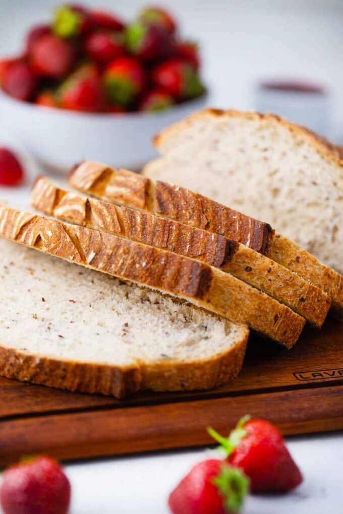 sliced sourdough bread on a cutting board