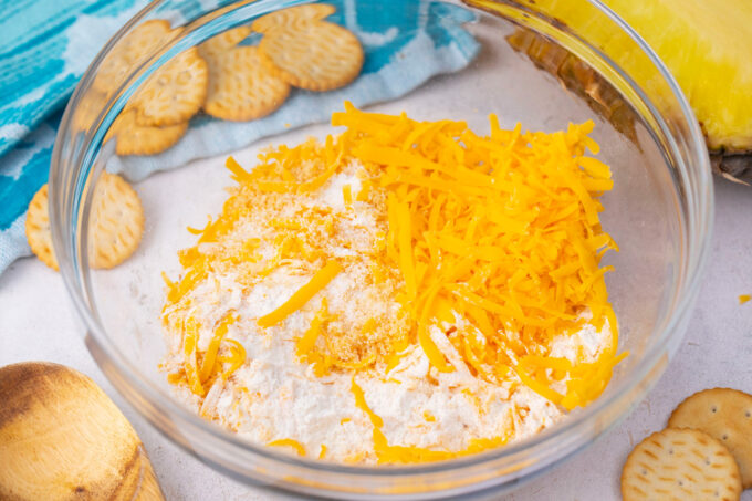 Pineapple casserole ingredients in a bowl.