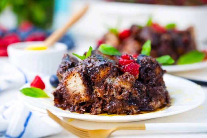 a slice of chocolate French toast casserole
