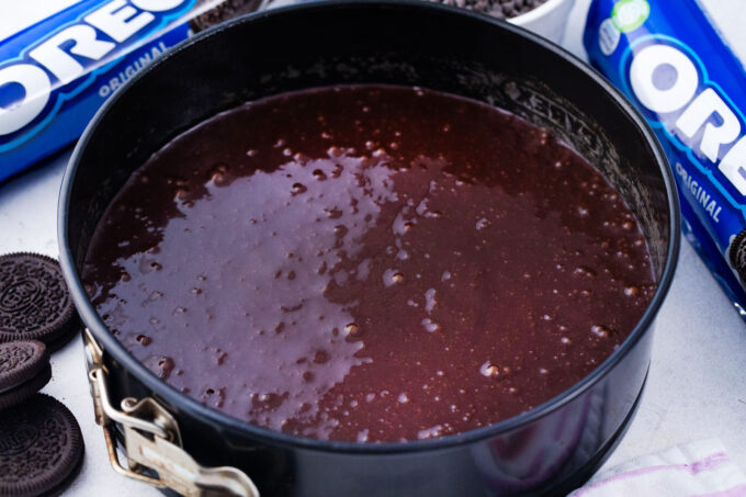 Chocolate cake in a springform pan.