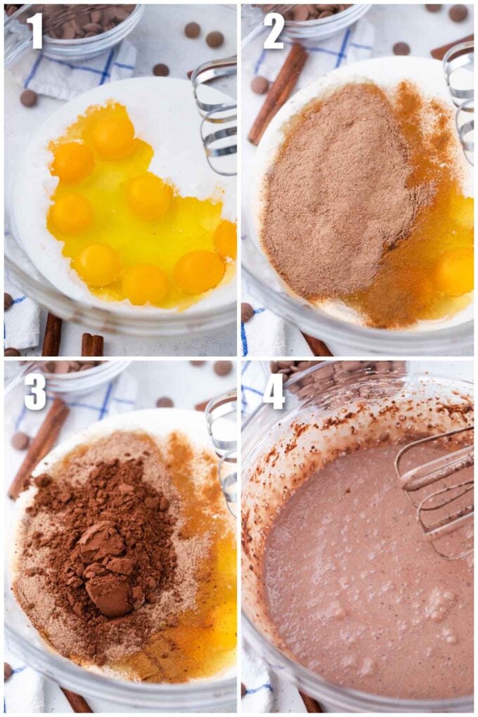 collage of how to make chocolate egg mixture for French toast casserole