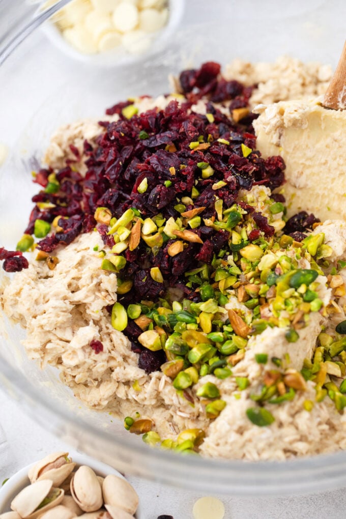 Cranberry pistachio cookie ingredients mixed in a bowl.