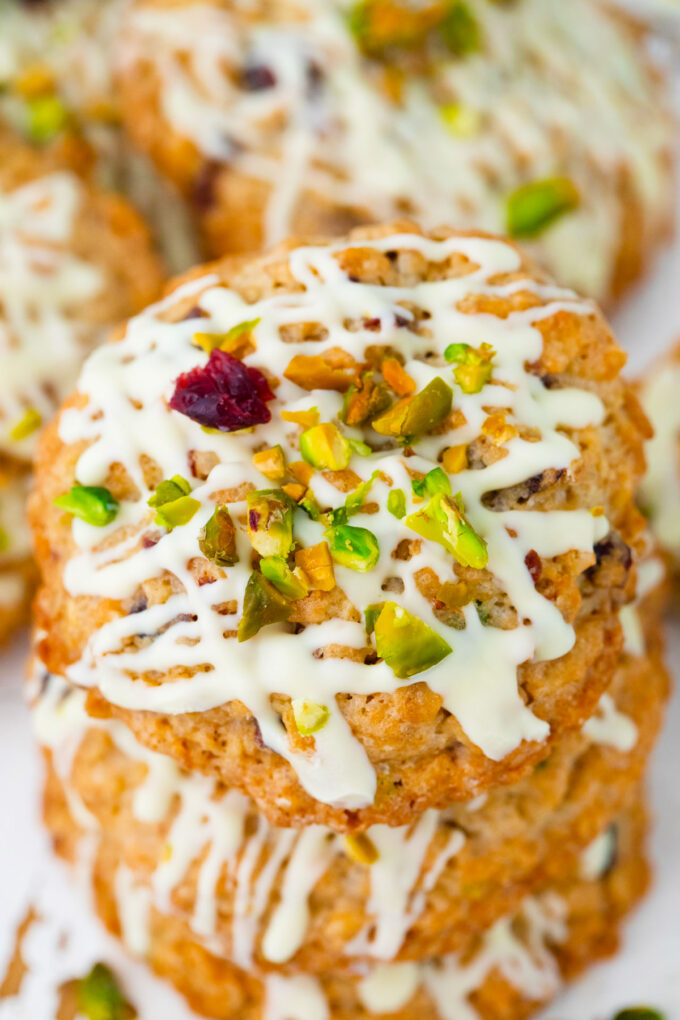 Stack of cranberry pistachio cookies.