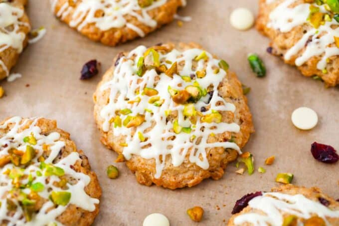 cranberry pistachio oatmeal cookies on a baking tray