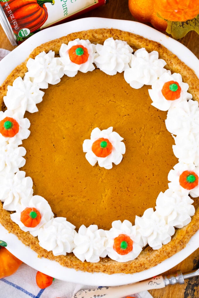 Overhead shot of homemade, classic pumpkin pie.
