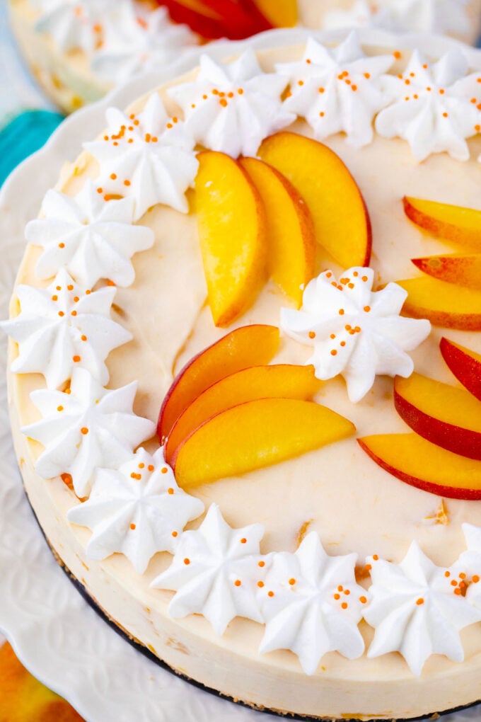 Overhead shot of no bake peach cheesecake.