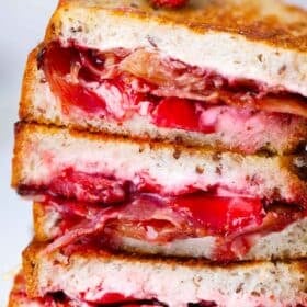 crispy strawberry bacon grilled cheese sandwich, made with fresh strawberries and crispy bacon