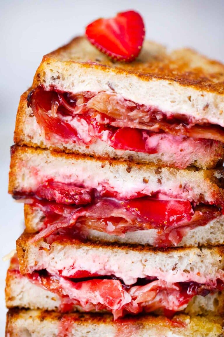 crispy strawberry bacon grilled cheese sandwich, made with fresh strawberries and crispy bacon