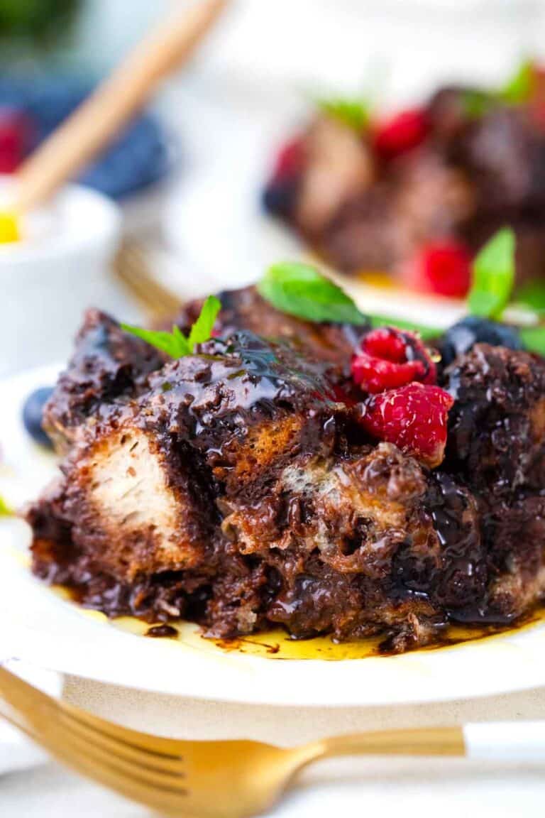 a slice of homemade chocolate French toast casserole