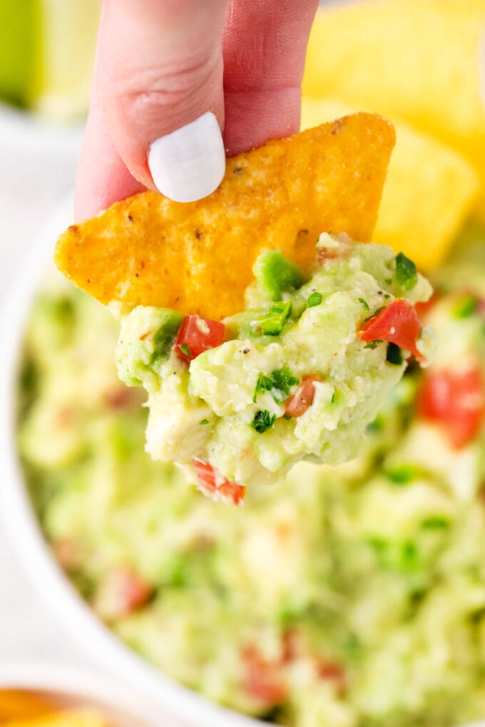 Homemade guacamole on a corn chip.
