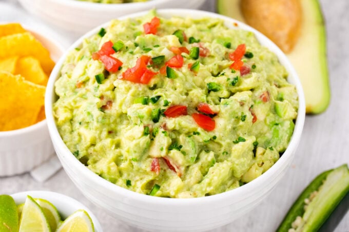 A bowl of homemade guacamole.