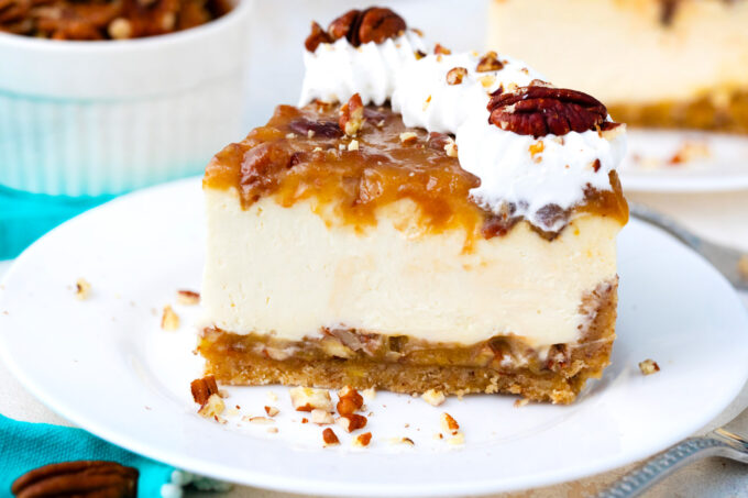 A slice of homemade pecan pie cheesecake.