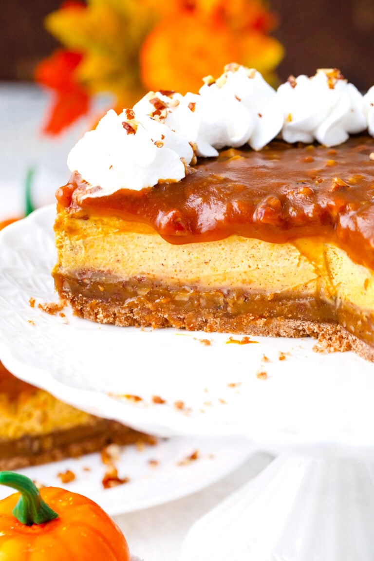 Pecan pie pumpkin cheesecake with pecan caramel topping.