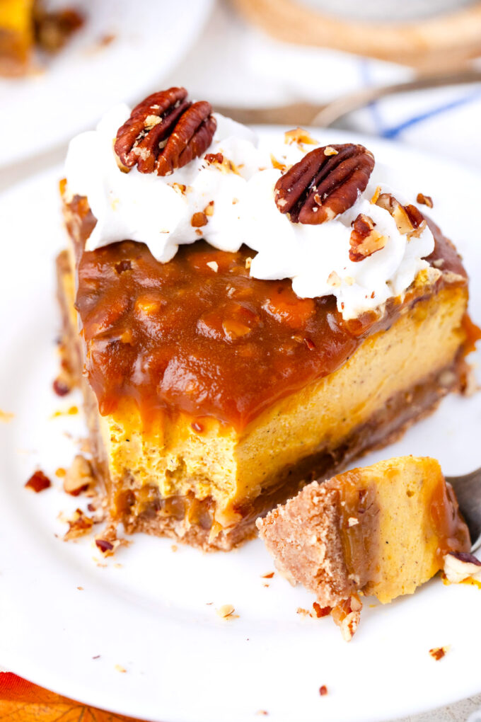 A bite of pecan pie pumpkin cheesecake.