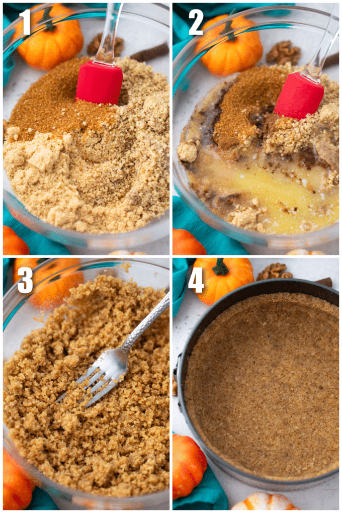 collage of photos showing how to make cheesecake crust