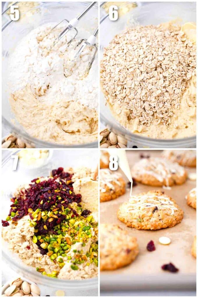 collage of photos showing how to make cranberry oatmeal cookies