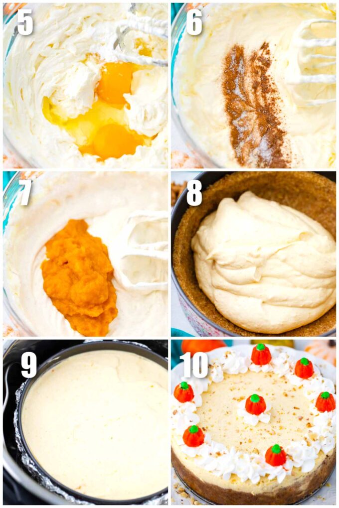 collage of photos showing how to make instant pot pumpkin cheesecake