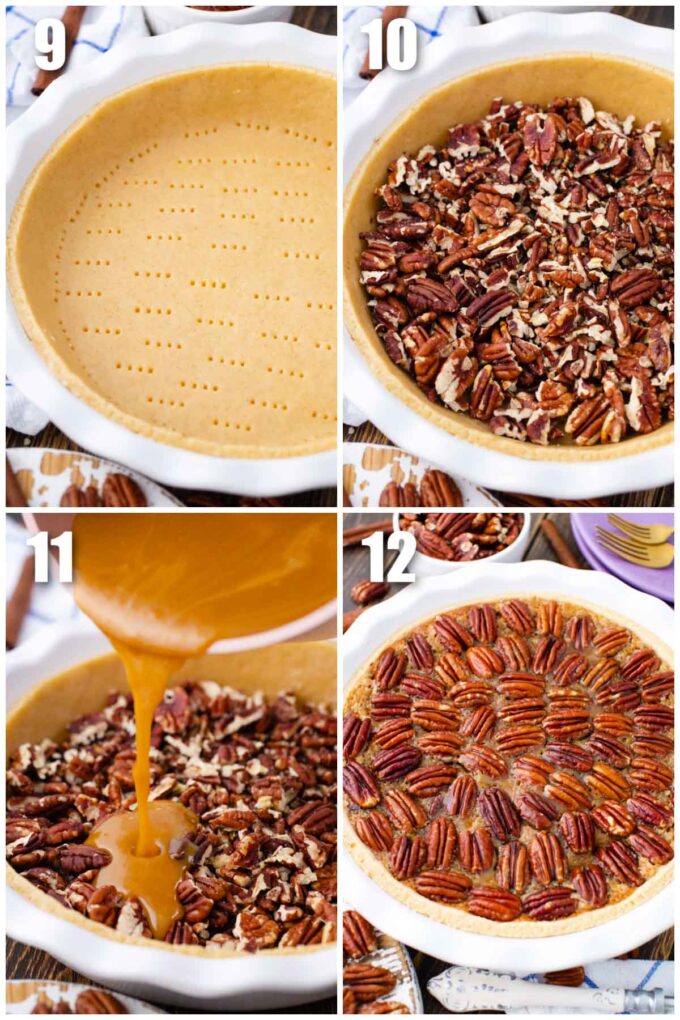 collage of photos showing how to make how to make pecan pie from scratch