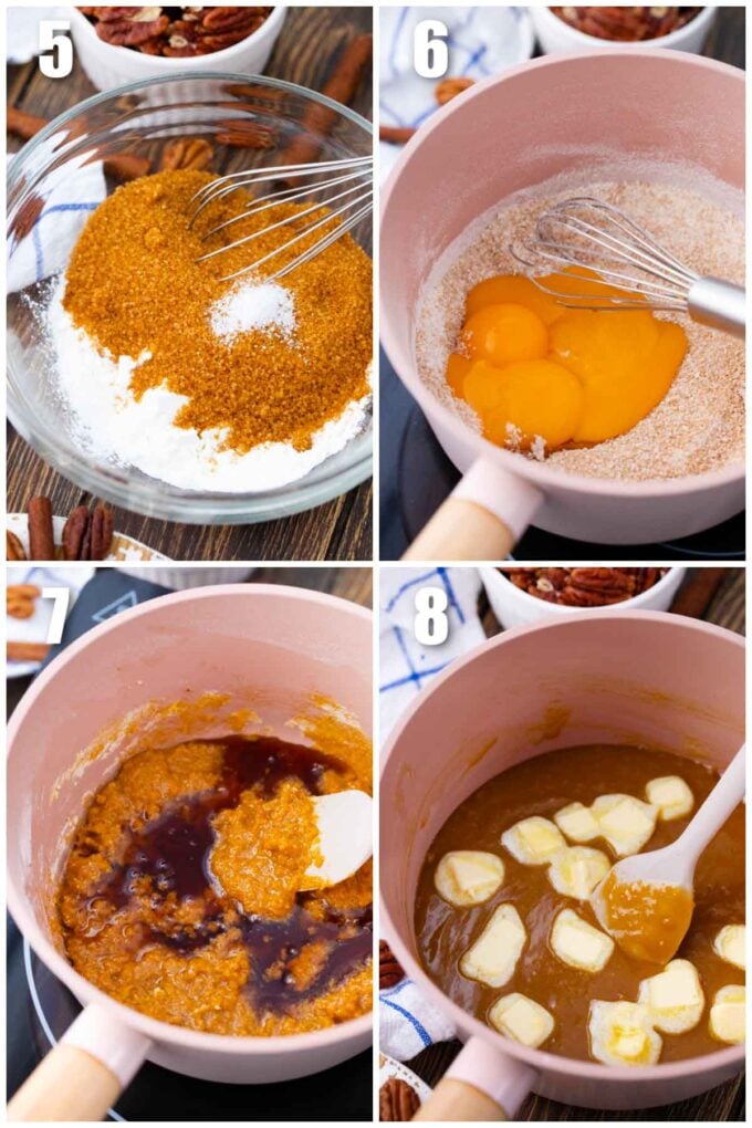 collage of photos showing how to make pecan pie filling