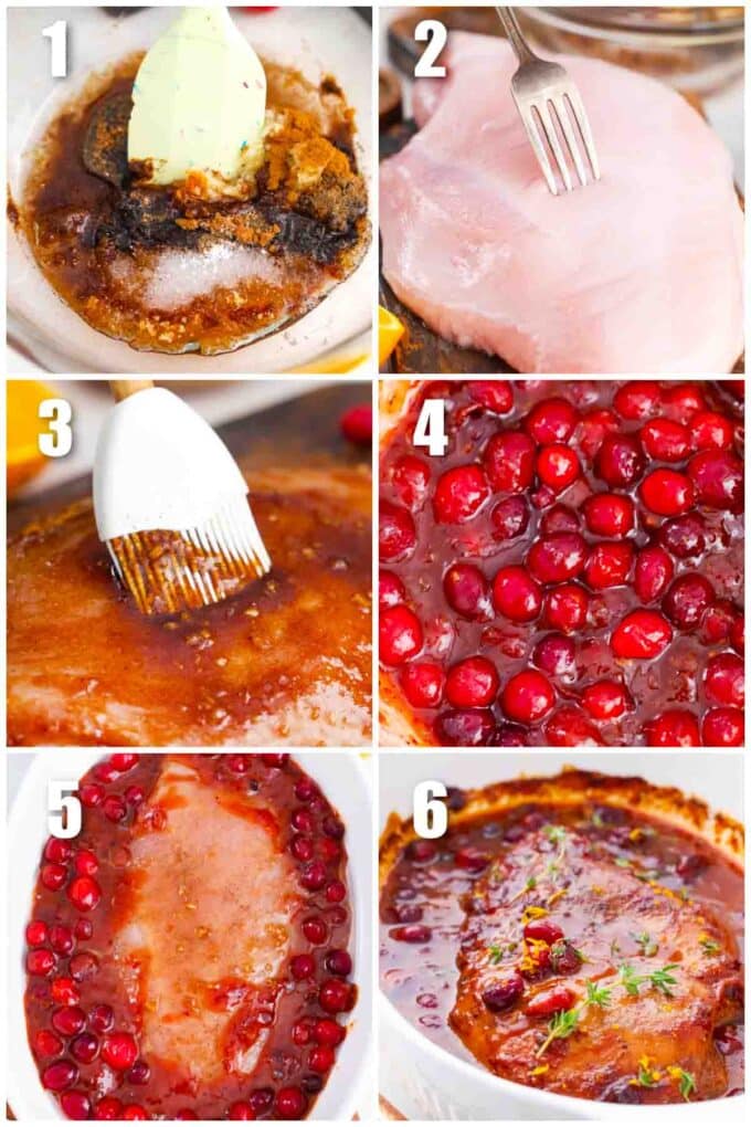 collage of photos showing how to make roasted cranberry orange turkey breast