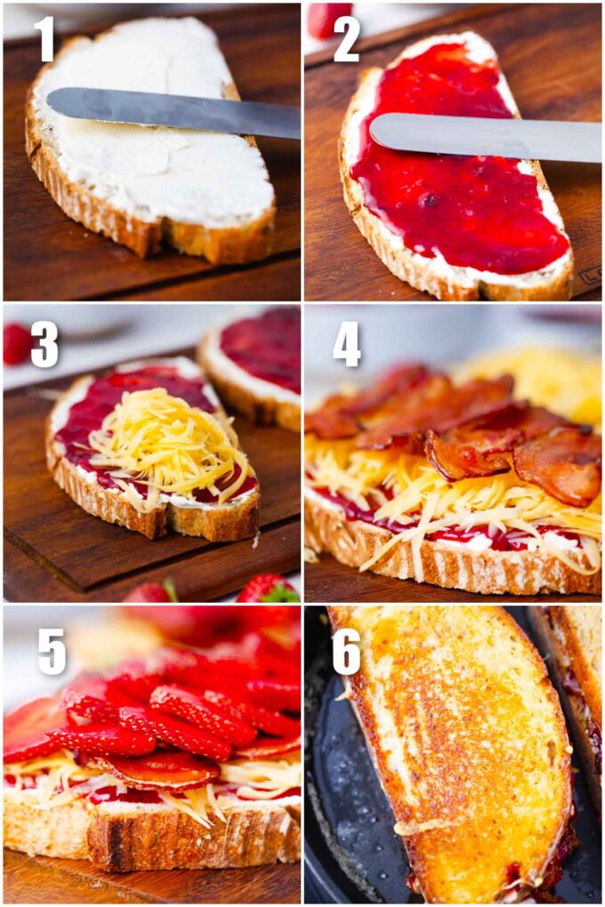 collage of six photos showing the steps how to make strawberry bacon grilled cheese sandwich