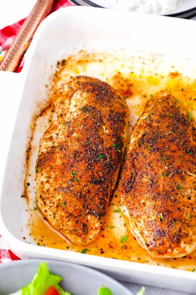 Perfectly browned oven roasted chicken breasts.