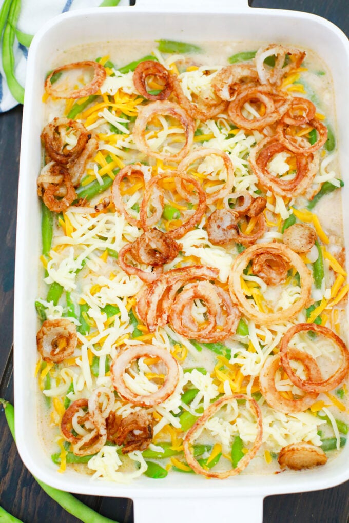 Overhead shot of assembled green bean casserole.