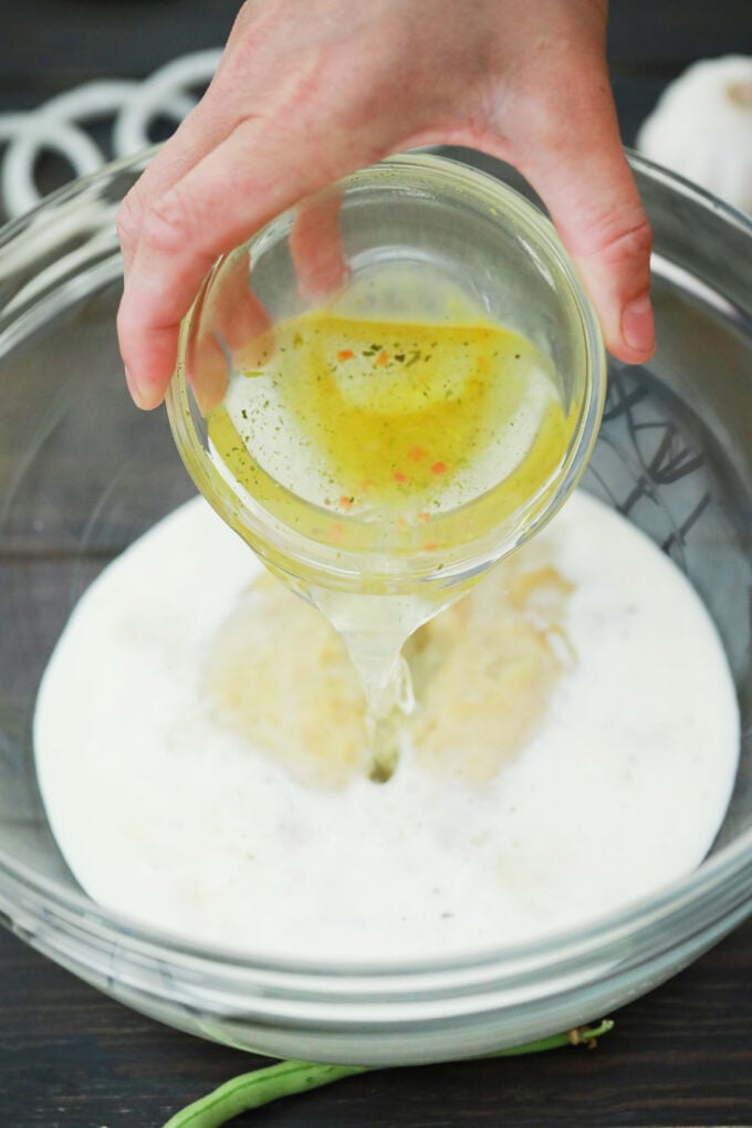 Making the casserole filling for green bean casserole.
