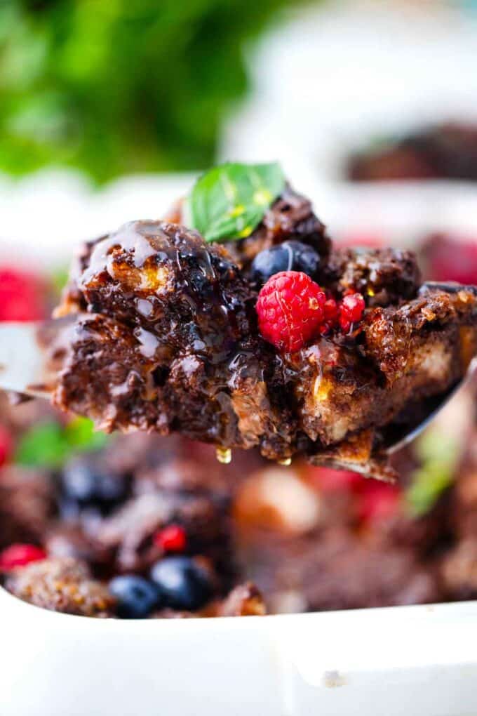 a slice of chocolate French toast casserole on a serving spatula