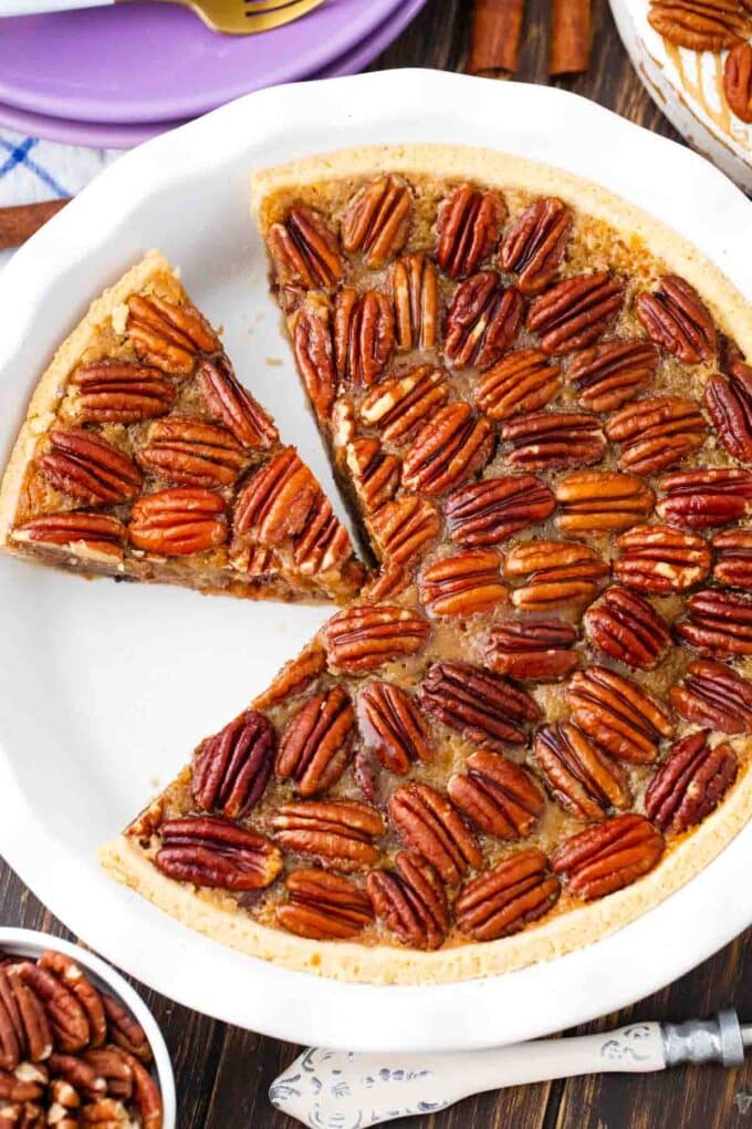 overhead shot of homemade pecan pie sliced