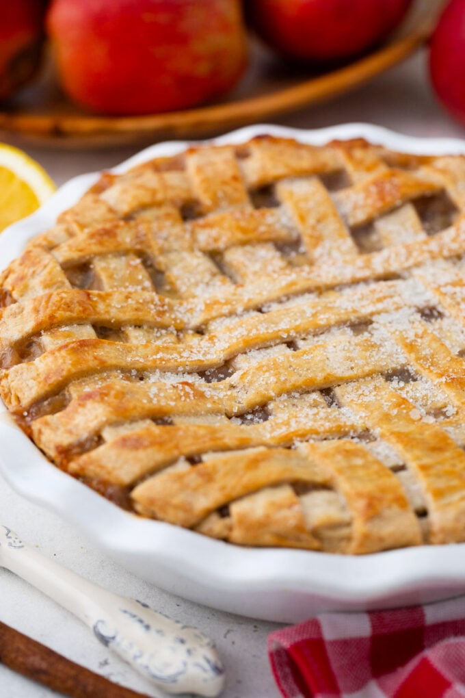 Baked apple pie with lattice top.