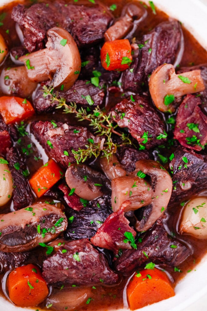 Homemade beef Bourguignon with red wine.
