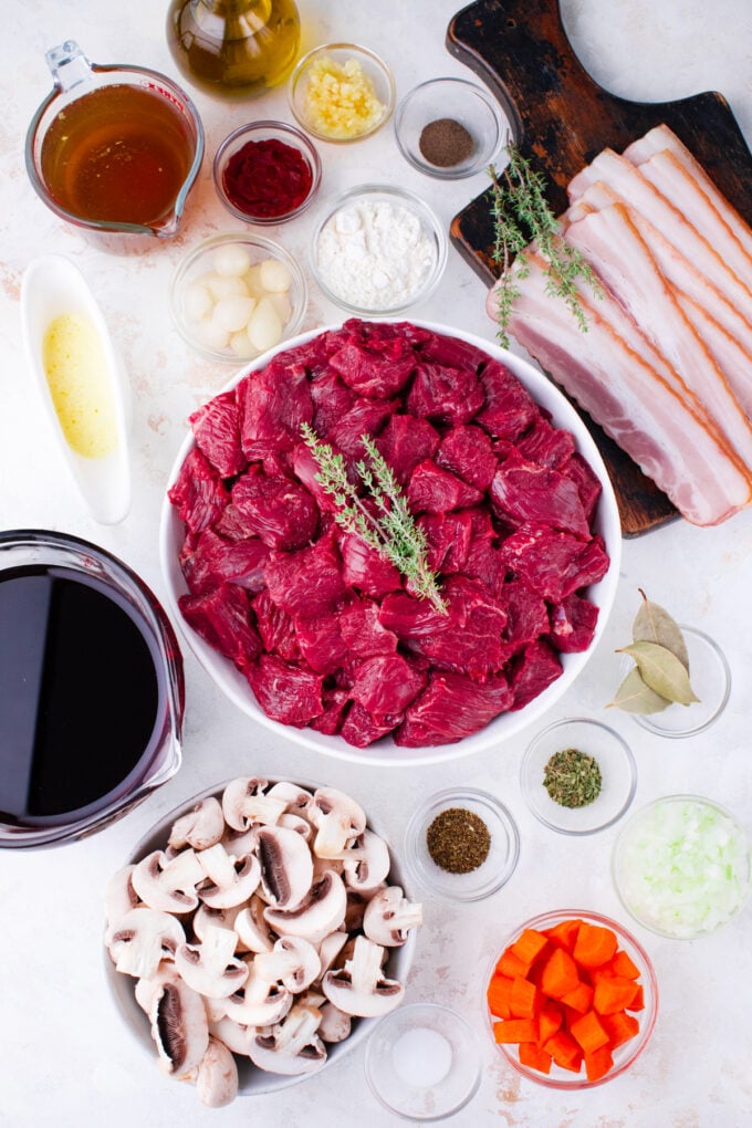 Overhead shot of beef Bourguignon recipe ingredients.