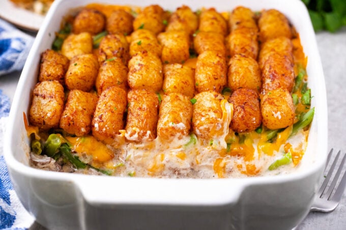 Very cheesy homemade tater tot casserole.
