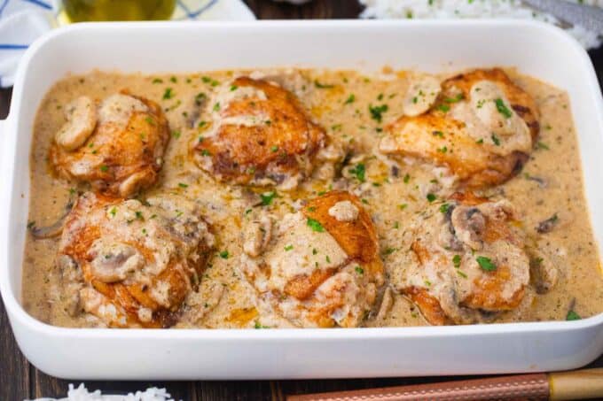 nicely browned chicken and mushroom casserole