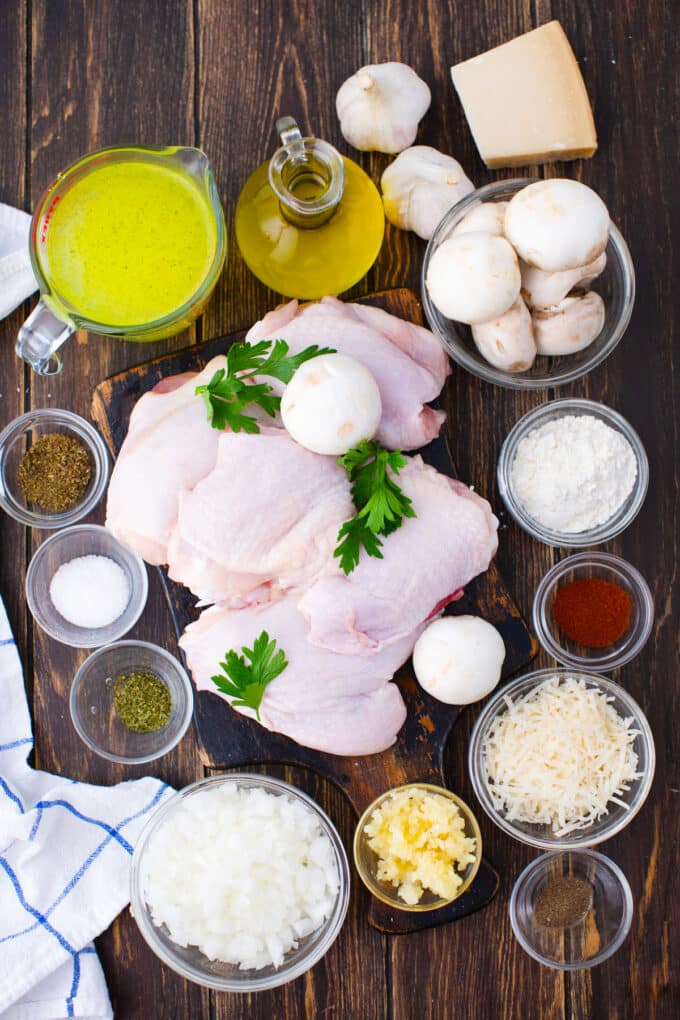 chicken and mushroom casserole ingredients in bowls on a table